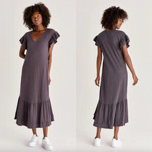 Z Supply Gray V-Neck Ruffle Sleeve Zella Cotton Slub Midi Dress